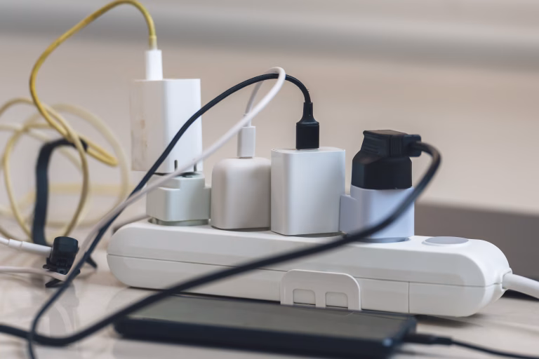 Electrical outlet with many chargers connected to it for a smartphone, laptop, microphone.