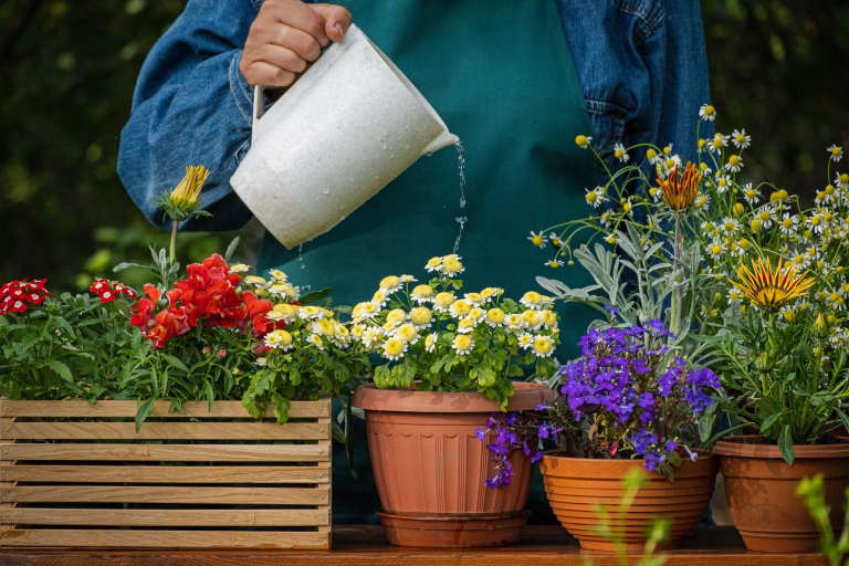 Watering flowers in a pot. Sprays water on flowerpots in the garden, florist working, takes care of plants in house. Gardener caring ornamental flowers in summer day closeup slow motion