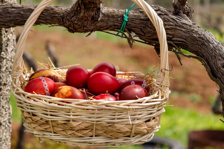 A basked with hand decorated easter eggs in northern Albania.
