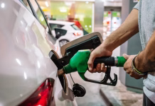 Pozor, cene goriva se bodo opolnoči spremenile, veljajo do 10. avgusta Unrecognizable male putting fuel dispenser in tank while refueling vehicle on self service gas station. High quality photo