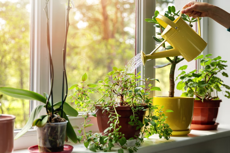 hand with water can watering indoor plants on windowsill