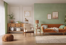 Nocoj pod preprogo položite eno malenkost: sreča bo vstopila v vaš dom, denar bo deževal kot iz škafa Orange sofa in cozy living room interior with pastel green wall and wood furniture. Wall mockup