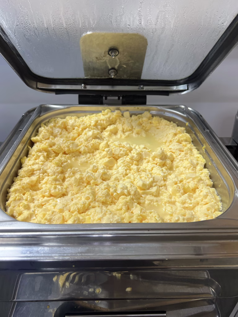 Scrambled eggs at the breakfast buffet.