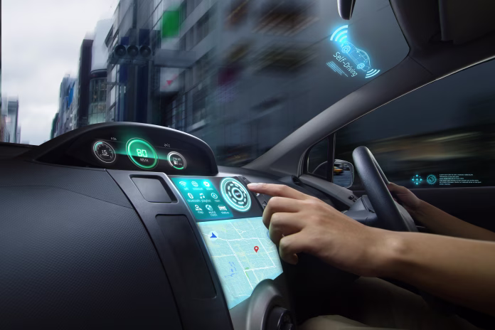 Car running with Self driving mode and choose a destination by a driver. Autonomous Car, Autopilot vehicle and AI with Transport concept