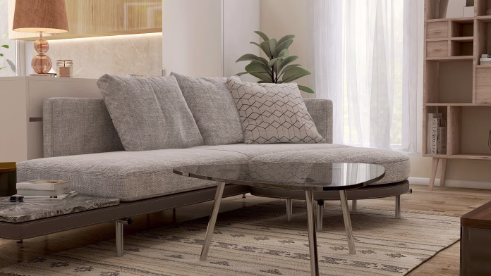 gray-fabric-sofa-glass-coffee-table-cabinet-and-wooden-bookshelf-in-modern-and-luxury-white-wall-and-parquet-floor-living-room-with-rug-and-sunlight-from-window-sheer-curtain-connected-to-kitchen-for--stockpack-istock Gray fabric sofa, glass coffee table, cabinet and wooden bookshelf in modern and luxury white wall and parquet floor living room with rug and sunlight from window sheer curtain connected to kitchen for interior decoration, lifestyle and architecture product display
