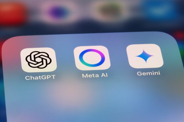 Shanghai,China-April 20th 2025: Meta AI, ChatGPT and Gemini. Assorted AI app icons