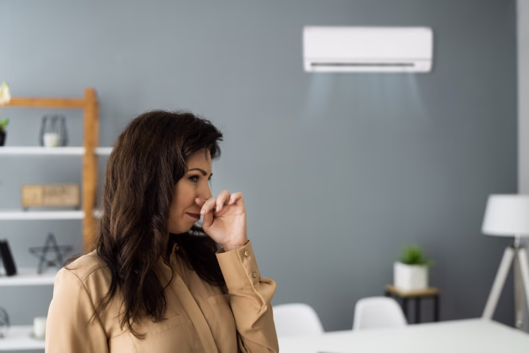 Air Conditioner Odor At Home. Upset Woman