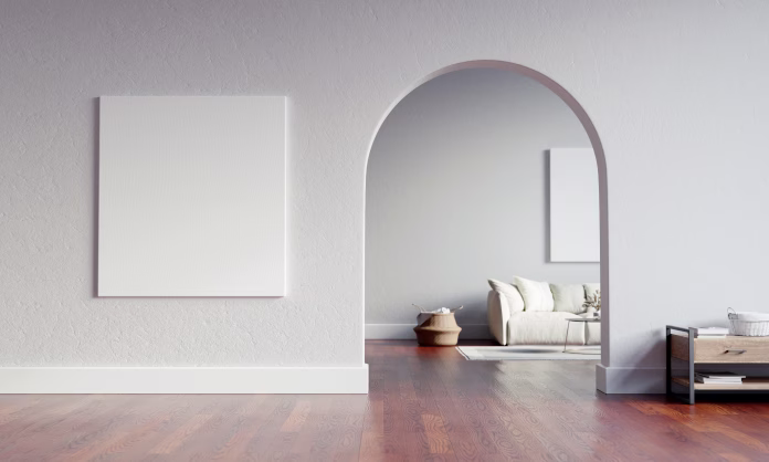 Big interior with large mock-up canvas and circular arc entrance to another space. Minimalistic style with full of empty space. 3D render illustration.