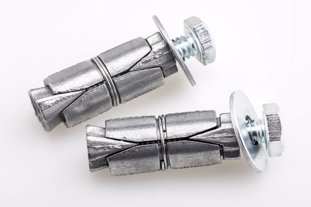Steel anchor bolts on white background , Equipment for construction