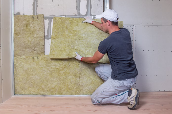 Worker insulating a room wall with mineral rock wool thermal insulation.