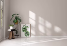 Notranji oblikovalec: pet stvari, zaradi katerih dom deluje poceni Empty room with light beige wall, monstera plant, poster frame and green tropical plant in sunlight from glass door on white floor for interior design decoration, lifestyle product background 3D