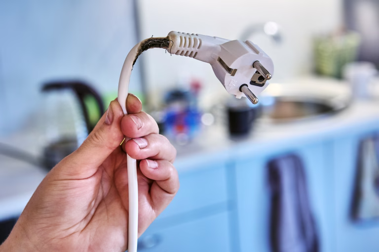 Extension cord burned out when overloaded by  powerful electrical appliance.