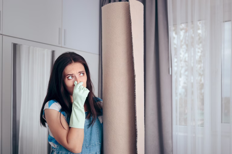 Girl having problems taking the smell out of an old rug