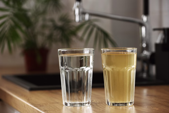 House water filtration system to drinkable condition. Glass of clear water after reverse osmos filtration and glass of dirty water on tabletop on kitchen. Evidence of contamination of tap water.
