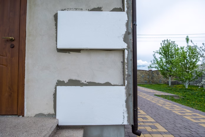 Installation of styrofoam insulation sheets on house facade wall for thermal protection.
