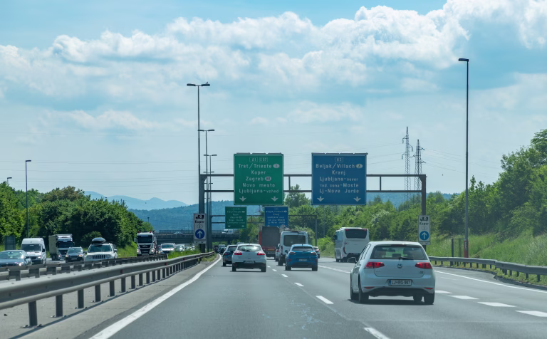Ljubljana, Slovenia - May 13, 2022: A picture of some traffic on the motorway surrounding the city of Ljubljana.