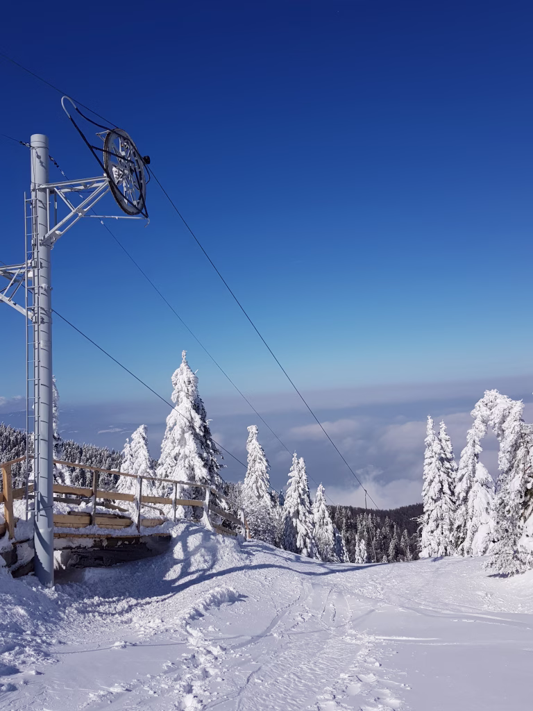 The ski resort Kope is located in Carinthia (Koroška), Slovenia. Ski tracks on slopes for skiing and snowboarding. Great for winter sports like skiing and snowboarding.