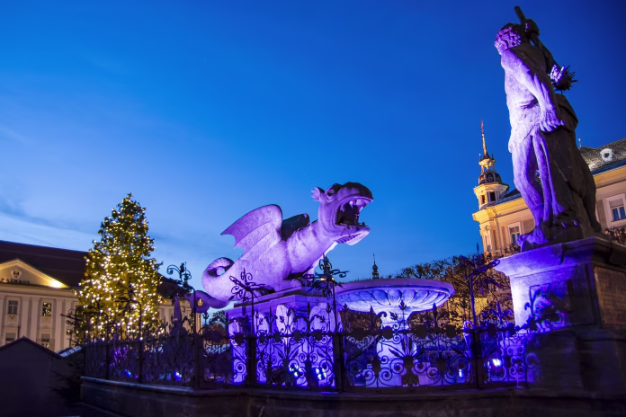 Klagenfurt, Carinthia, Austria - main square Christmas season lights decoration