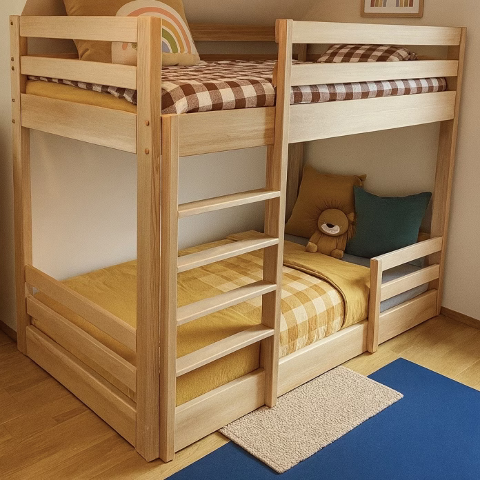 Leseni otroški pograd iz masivnega lesa z rumenimi odejami – udoben in trajen izdelek Miniles. FOTO: arhiv proizvajalca