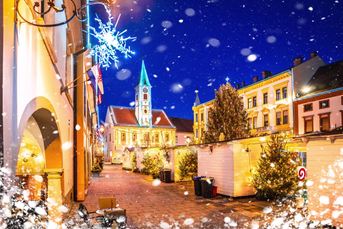 Varazdin square Christmas advent market snow view, northern Croatia