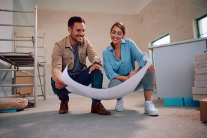 Happy couple going through housing plans at their renovating home. Copy space.
