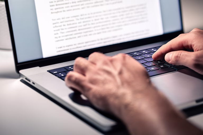 Writing text document, online content, book, letter or essay. Writer, journalist or freelance columnist with laptop. Resume, news article, report or college application. Freelancer, editor or employee