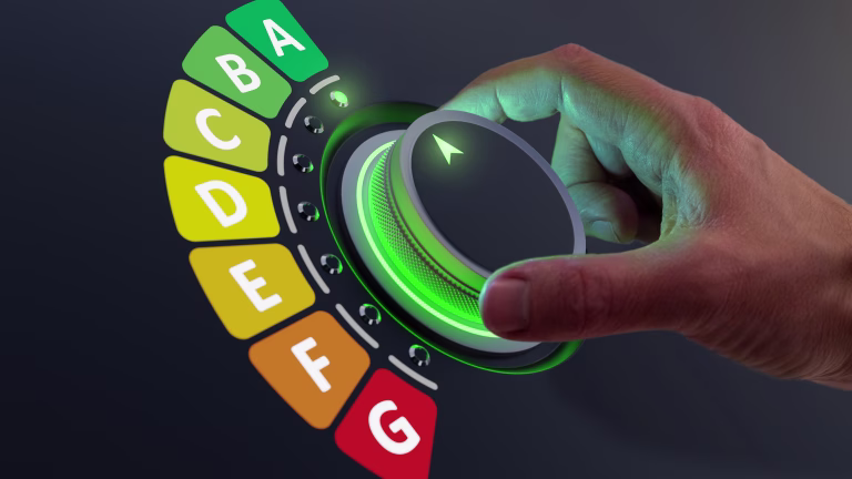 Energy efficiency rating labels promoting low consumption and efficient products to reduce carbon footprint. Lower CO2 emissions with efficient home and appliances. Green eco-friendly business.