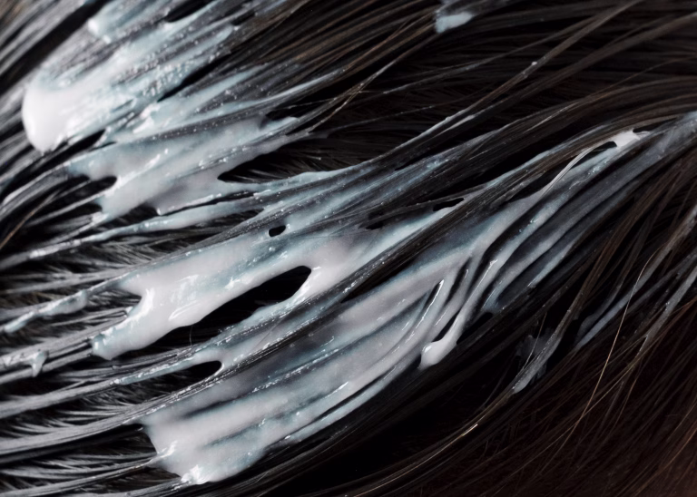Close-up of wet hair with hair mask