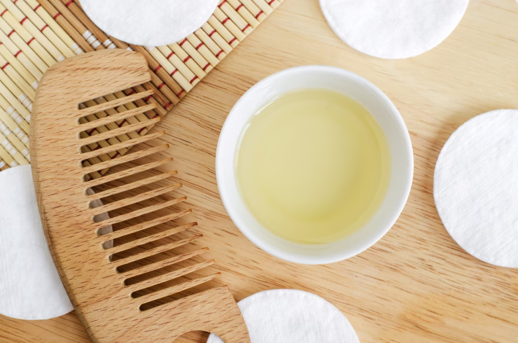 Olive oil, cotton pads and wooden hairbrush. Ingredients for preparing homemade hair mask. Natural beauty treatment recipe and zero waste concept. Top view, copy space.