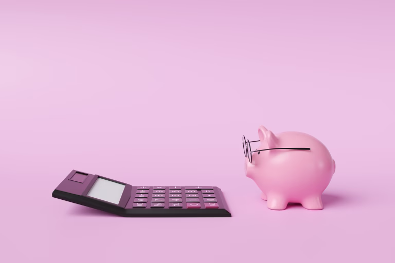 Pink piggy bank wearing spectacles in front of a black calculator on pink background. Illustration of the concept of commercial accounting, income calculation and retirement planning