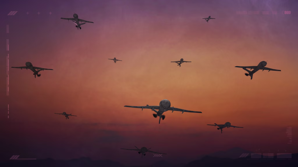 Remote control aircrafts with cameras, flying over and spying. A 3D rendering drone technology template, with surveillance graphics frame