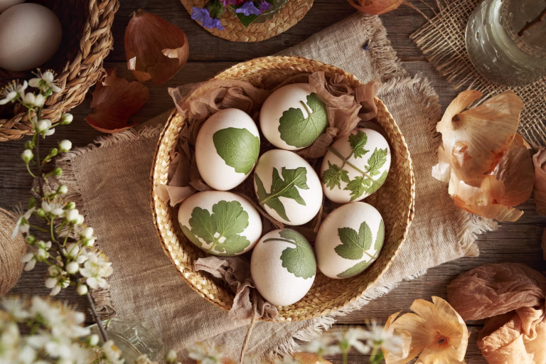White Easter eggs with herbs attached to them with old stockings - preparation for dyeing with onion peels