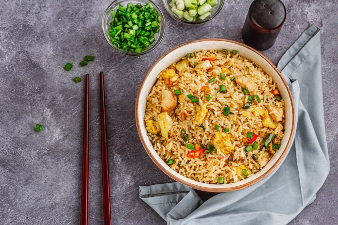 Chinese Fried Rice Garnished with Scallion Top Down Flat Lay Food Photography