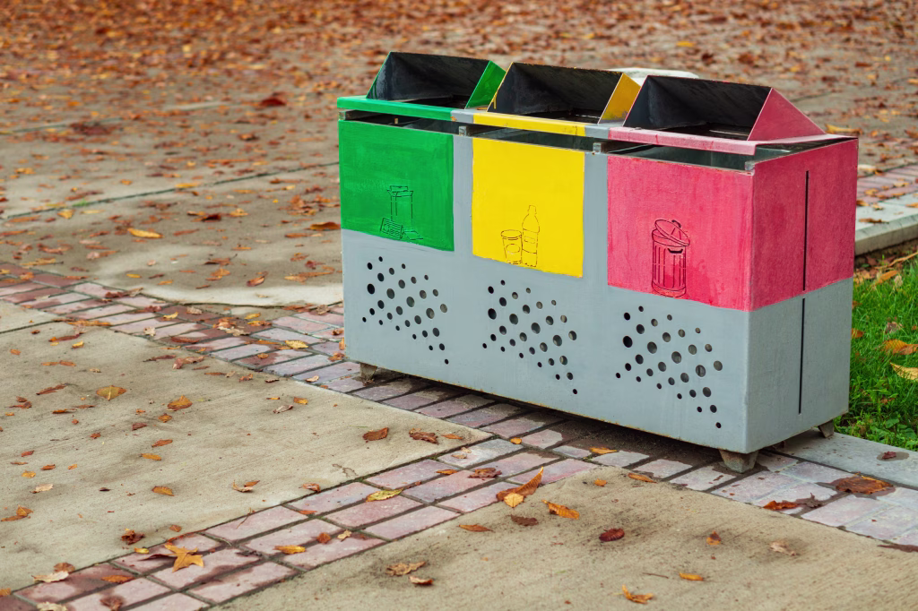 Metal container, garbage collection bin with three sections marked for sorting by type, installed in autumn city park with fallen dry leaves covered on sidewalk. Devices for collecting waste