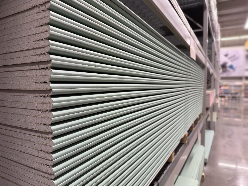 Neatly stacked light green gypsum board sheets on metal racks in a hardware store, ideal for drywall installation, interior walls, and renovation projects.