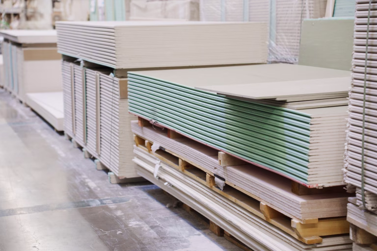 water repellent gypsum board on a rack in a hardware store. sale of building materials for repair and construction.