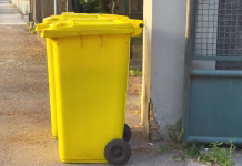 Ali res veste kaj spada v rumeni zabojnik? Yellow trash bins on street in sunlight near fenced area, lifestyle