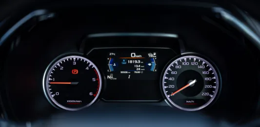 Digital dashboard in the car,Digital dashboard measures car speed in close-up,Car speed meter close-up with the speed driving electric car digital display screen. car digital speed meter dashboard modern automobile illuminated panel. Car dashboard modern