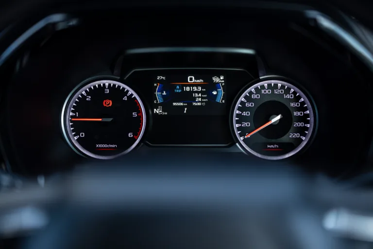 Digital dashboard in the car,Digital dashboard measures car speed in close-up,Car speed meter close-up with the speed driving electric car digital display screen. car digital speed meter dashboard modern automobile illuminated panel. Car dashboard modern