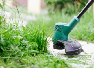Skrivnost popolne trate: 5 stvari, s katerimi bo vaše dvorišče postalo zelena preproga Košnja visoke trave z električnim trimerjem. Koncept nege trate.