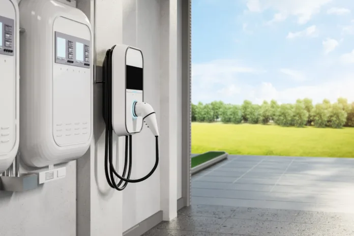 3d rendering ev charger or wall charger at home garage