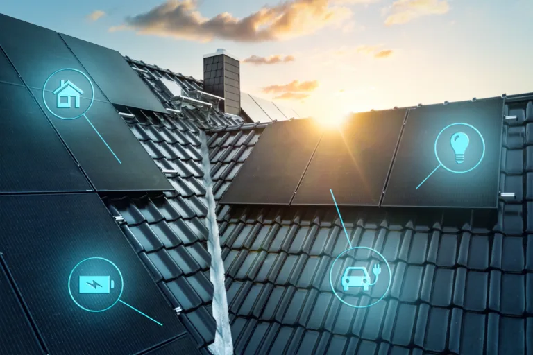 A modern smart home roof with dark solar panels at sunset, featuring icons representing a smart home, battery storage, electric vehicle charging, and home electricity usage.