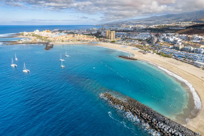 Aerial view of Los Cristianos and Playa de las Américas on the Island of Tenerife in the Canary Islands