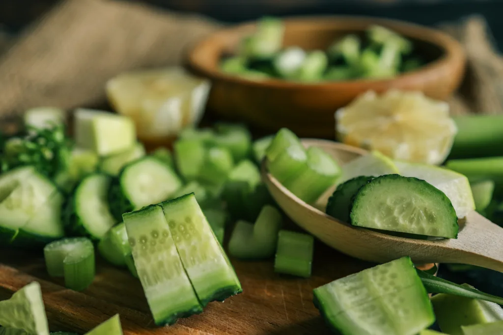 Fresh chopped ingredients for a green salad, including celery, cucumber, apple, lettuce, and lemon slices on a wooden cutting board. Healthy organic food concept.