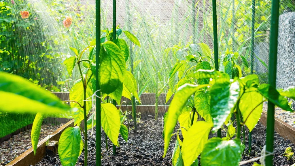 Natural watering. Rain watering garden plants in the heat. Watering vegetable seedlings from a rain hoze nozzle. Domestic garden with wooden raised beds. Bell pepper seedlings close up on summer day.
