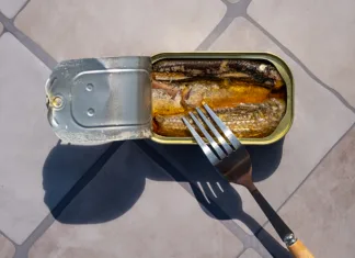 Čim prej jo odstranite iz gospodinjstva! EU prepoveduje kemikalijo, ki jo povezujejo z rakom, sladkorno boleznijo in neplodnostjo Overhead view of open sardine tin with a fork inside, casting long shadows on a tiled surface. Simple food or emergency meal.