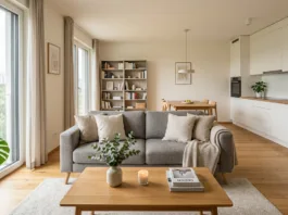 Kavč sredi moderne open concept kuhinje, jedilnice, dnevne sobe