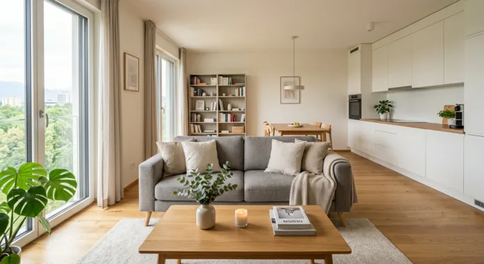 Kavč sredi moderne open concept kuhinje, jedilnice, dnevne sobe