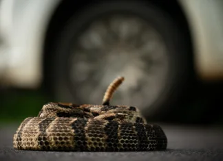 Bodite pozorni: to je znak, da se je v vaš avtomobil skrila kača Timber rattlesnake (Crotalus horridus) coiled next to car wheel