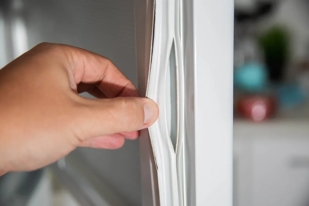 Torn and damaged sealing gum on the refrigerator door. Replacing the old sealing rubber with a new one, close-up